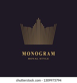 Golden liner monogram. Crown Logotype. Sign of king. Elegant design. Simple template. Creative emblem for Royalty, business card, company name logo, Hotel, Restaurant. Web icon. Vector illustration