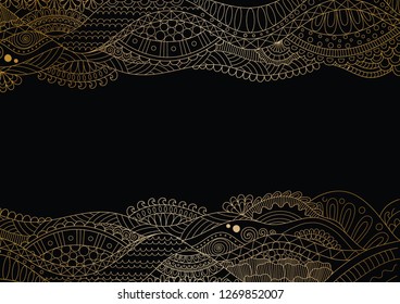 Golden lines art frame on white black background with copy space for design element and coloring book for anti stress.Vector illustration