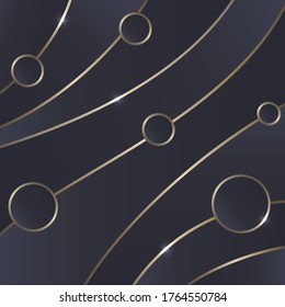 Golden lines with golden circles on a blue background. Great for packaging, background, wallpaper, textile. Vector illustration