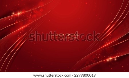 Golden lines with curve light, sparkle glowing effect and bokeh elements. Red luxury background style vector design