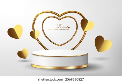 golden lines decorative white cylindrical podium,gold hearts shape metallic lines and paper cut hearts decorative valentine's day, mother's day and other lovely concept product display background.