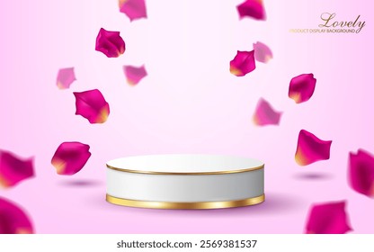 golden lines decorative white cylindrical podium and flying rose petals lovely presentation and product display background vector illustration.valentine's day and cosmetic concept backdrop.	
