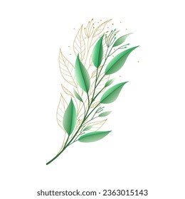 Golden lines and green tropical leaves vector on white background.