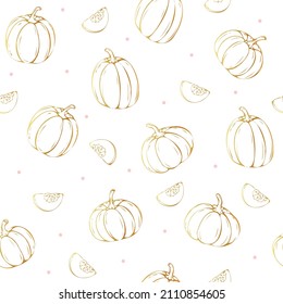 Golden lines hand drawing cute pumpkin fruit and pieces, seamless pattern vector illustration.