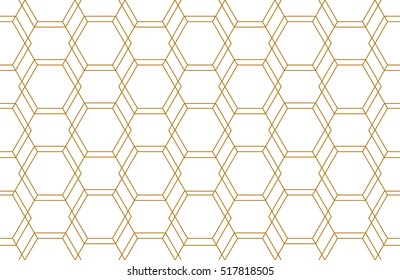 Golden lines, hexagons, rhombs and nodes seamless pattern. Geometric abstract repeating texture with intersecting hexagonal shapes. Gold colored background. Vector eps8 illustration.