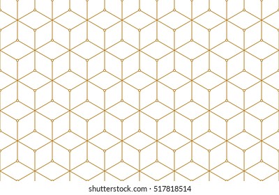 Golden lines, hexagons, rhombs and nodes seamless pattern. Geometric abstract repeating texture with intersecting hexagonal shapes. Gold colored background. Vector eps8 illustration.