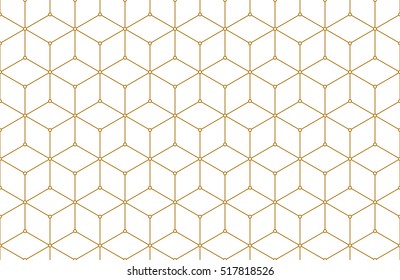 Golden lines, hexagons, rhombs and nodes seamless pattern. Geometric abstract repeating texture with intersecting hexagonal shapes. Gold colored background. Vector eps8 illustration.