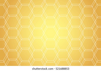 Golden lines, hexagons, rhombs and nodes seamless pattern. Geometric abstract repeating texture with intersecting hexagonal shapes. Gold colored background. Vector eps8 illustration.