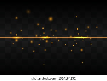Golden lines with lights effects. Abstract lines with glow light effect on dark transparent background.