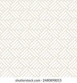 Golden lines on white background diagonal weave seamless vector pattern. Geometric linear diamond pattern texture. Abstract weave grid texture background. Minimalist linear tile design.