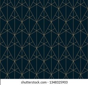 Golden lines pattern. Vector geometric seamless texture with subtle grid, thin lines, triangles, diamonds, rhombuses. Abstract black and gold graphic background. Art deco ornament. Repeated design