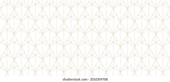 Golden lines pattern. Vector geometric seamless texture with subtle grid, thin lines, triangles, diamonds, rhombuses. Abstract luxury white and gold background. Art deco ornament. Wide repeat design