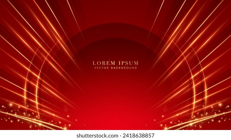 Golden lines with red curve, glitter light effect and bokeh on red background. Luxury style vector design