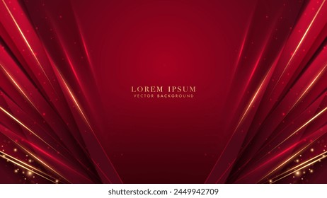 Golden lines with red diagonal, glitter light effect decoration on red background. Luxury style vector design