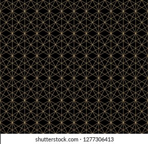 Golden lines seamless pattern. Vector geometric ornament texture. Metallic gold lines on black background. Luxury abstract graphic background with delicate grid, lattice, net, mesh. Repeating design