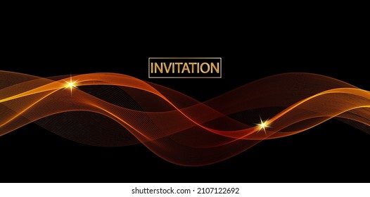 Golden lines of smooth transparent waves on a black background, design element