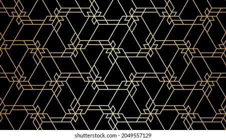 Рattern with golden lines, stars and polygons on black background. Seamless linear Abstract irregular geometric lattice. Vector Background in Art Deco style. Design for textile, fabric and wallpaper.