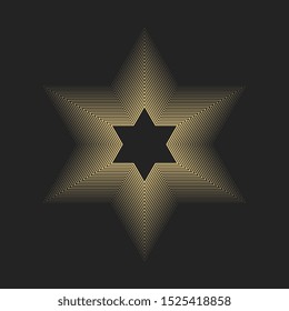 Golden lines that makes a six pointed star figure. Halftone Star of David. Vector hexagram.