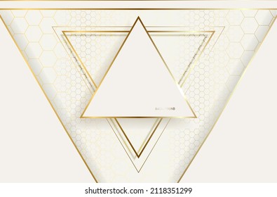 Golden lines triangular shape with sparkling lights, 3d style luxury background, vector illustration scene design.