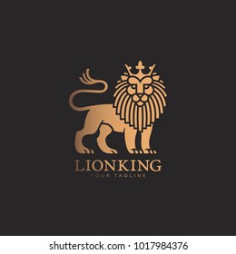 Golden lion with a crown logo template design. Vector illustration.