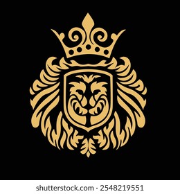 Emblema de Leão Dourado com Coroa em Escudo Design em Fundo Preto  
