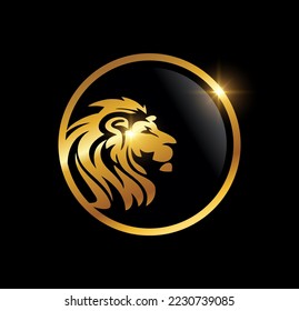 Goldener Löwenkopf in Circle Logo-Vektorgrafik auf schwarzem Hintergrund mit goldener glänzender Wirkung