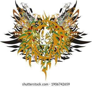 Golden lion head colorful floral splashes. Lion's head flames with feather elements and floral motifs on a white background for posters, prints, tattoos, textiles, wallpaper, etc.