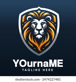 Golden Lion head logo design template. Lion logo features a stylized lion's head within a shield shape