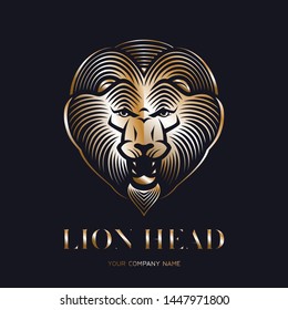 Golden lion head logo or icon. Roaring animal head. Stock vector emblem.