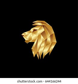 Golden lion head. Polygon style lion logo on a black background.