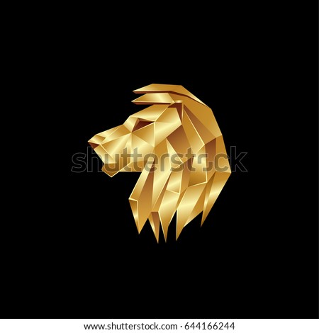 Golden lion head. Polygon style lion logo on a black background.