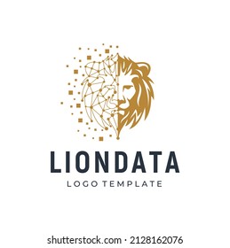 Golden Lion Head Savanna King Silhouette with Futuristic Digital Wireframe Data Structure logo design	