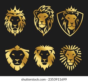 Golden Lion Head set with Crown Logo Vector Icon in black background.