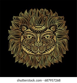 Golden Lion head. Tribal pattern. Image of a lion head on a black background. Can be used for logo, tattoo, horoscopes, T-shirt graphic, etc. Vector illustration.
