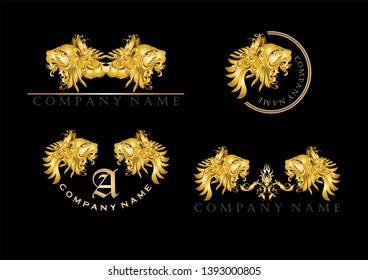 Golden lion heads logos on dark background 