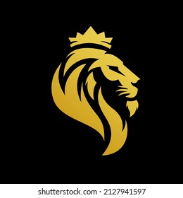 golden lion logo with crown on black background