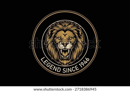 Golden lion logo with legend text on black background