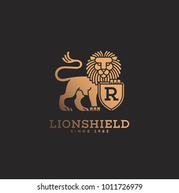 Golden lion with shield logo template design. Vector illustration.