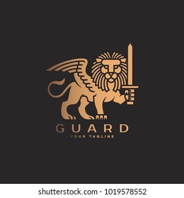 Golden lion with a sword and wings logo template design on a dark background. Vector illustration.