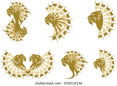 Golden lion symbols on a white backdrop. Lion symbols with arrows elements for logos, tattoos, sport emblems, prints on T-shirts, embroidery, engraving, textiles, stikers, web icons, etc.
