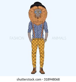 Golden Lion Tamarin monkey dressed up in cool hipster style, hipster animal, furry art illustration