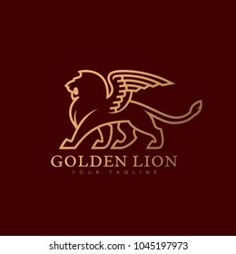 Golden lion with wings logo template design. Vector illustration.