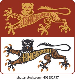 Golden lions of England silhouettes with lettering.