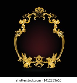 Golden lions frame with vintage Victorian metal elements on black background​