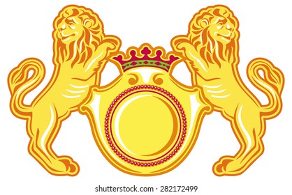 Golden lions with golden shield isolated on a white background