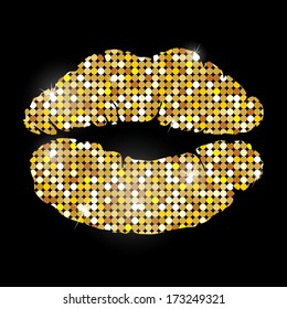 Golden lips on black background 