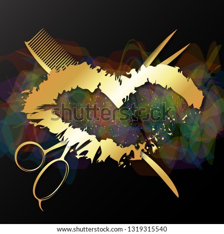 Golden lips and scissors with a comb for a beauty salon