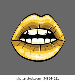 Golden Lips vector illustration isolated on grey background. Cartoon  lipstick, shiny letters.