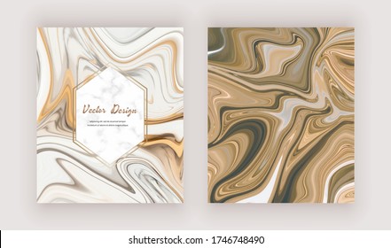 Golden liquid ink painting cards with geometric marble frames.

