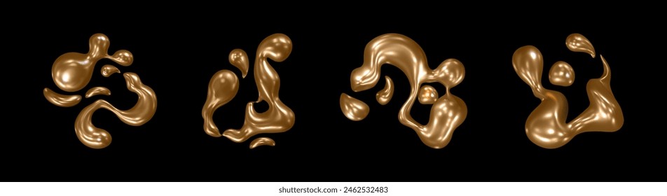 Goldene flüssige Formen für Y2K-Design. Realistisches 3D-Vektorillustration-Set aus Goldfluid-Metall-dekorativen Figuren und Tropfen. Glänzende aufblasbare Blob-Elemente. Blasenflüssigkeiten bilden sich für 2000er ästhetisch.